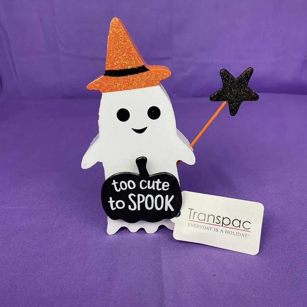 Halloween Witch Ghost Wood Shelf Sitter - Orange Glitter Hat & Black Star Wand